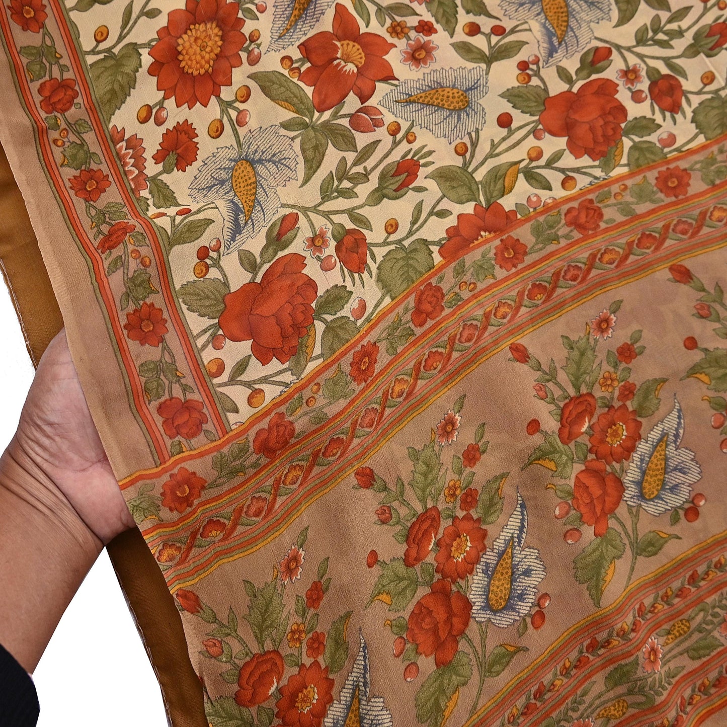 Indian Vintage Sari Beige Pure Georgette Silk Printed Sarees 5Yd Craft Fabric Sewing Quilting Dress making Crafting Quilting Upcycle