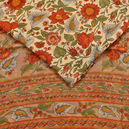 Indian Vintage Sari Beige Pure Georgette Silk Printed Sarees 5Yd Craft Fabric Sewing Quilting Dress making Crafting Quilting Upcycle