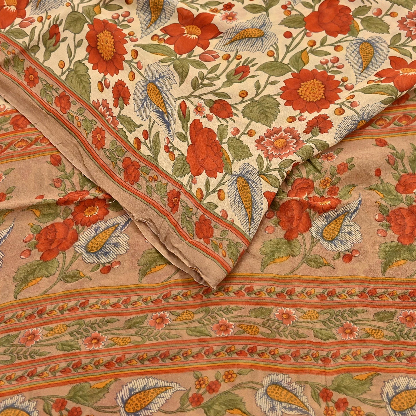 Indian Vintage Sari Beige Pure Georgette Silk Printed Sarees 5Yd Craft Fabric Sewing Quilting Dress making Crafting Quilting Upcycle