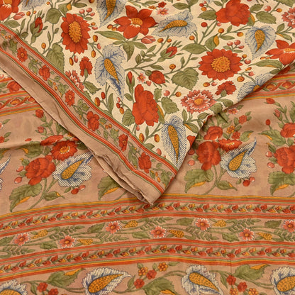 Indian Vintage Sari Beige Pure Georgette Silk Printed Sarees 5Yd Craft Fabric Sewing Quilting Dress making Crafting Quilting Upcycle