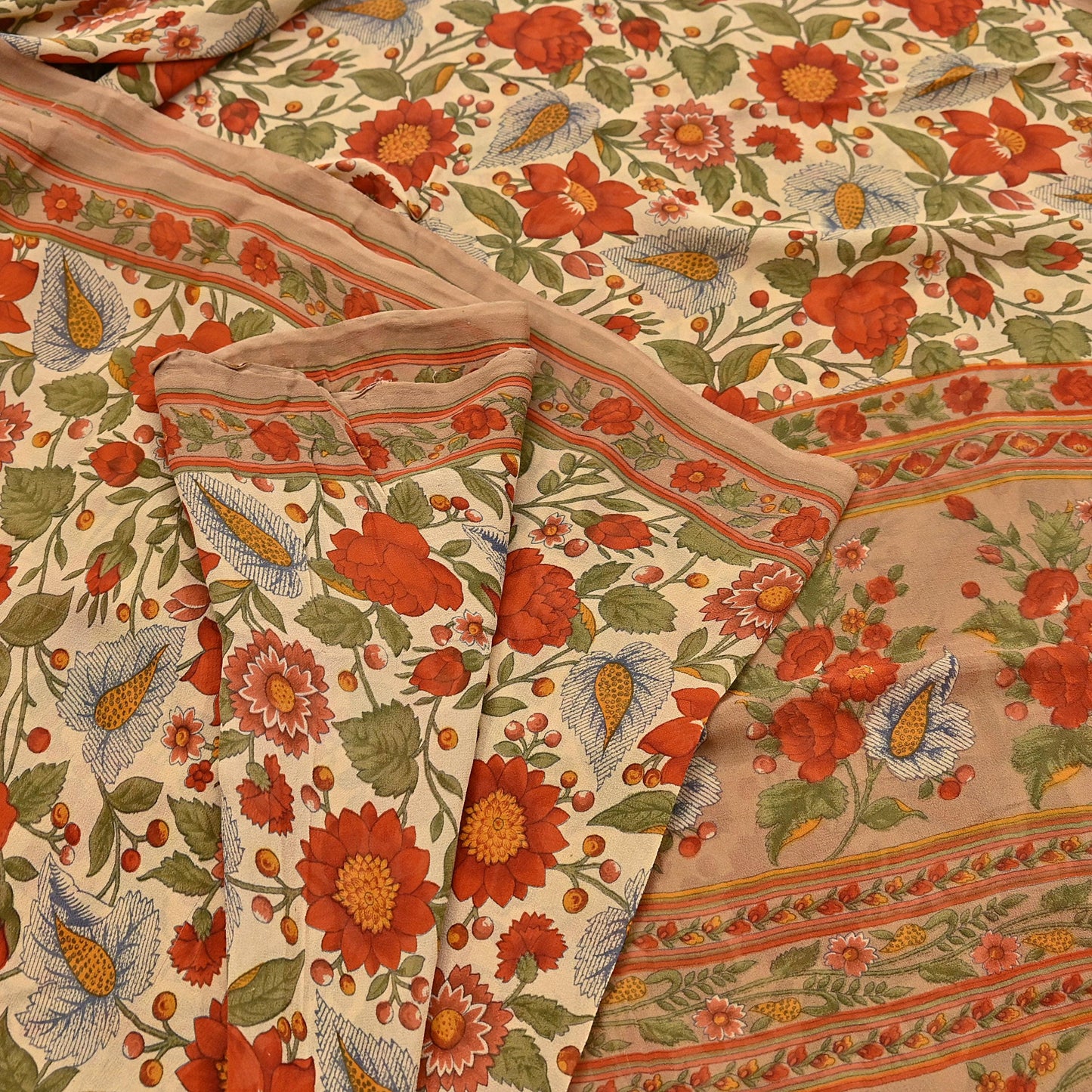 Indian Vintage Sari Beige Pure Georgette Silk Printed Sarees 5Yd Craft Fabric Sewing Quilting Dress making Crafting Quilting Upcycle