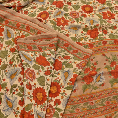 Indian Vintage Sari Beige Pure Georgette Silk Printed Sarees 5Yd Craft Fabric Sewing Quilting Dress making Crafting Quilting Upcycle