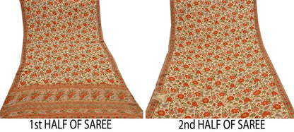 Indian Vintage Sari Beige Pure Georgette Silk Printed Sarees 5Yd Craft Fabric Sewing Quilting Dress making Crafting Quilting Upcycle