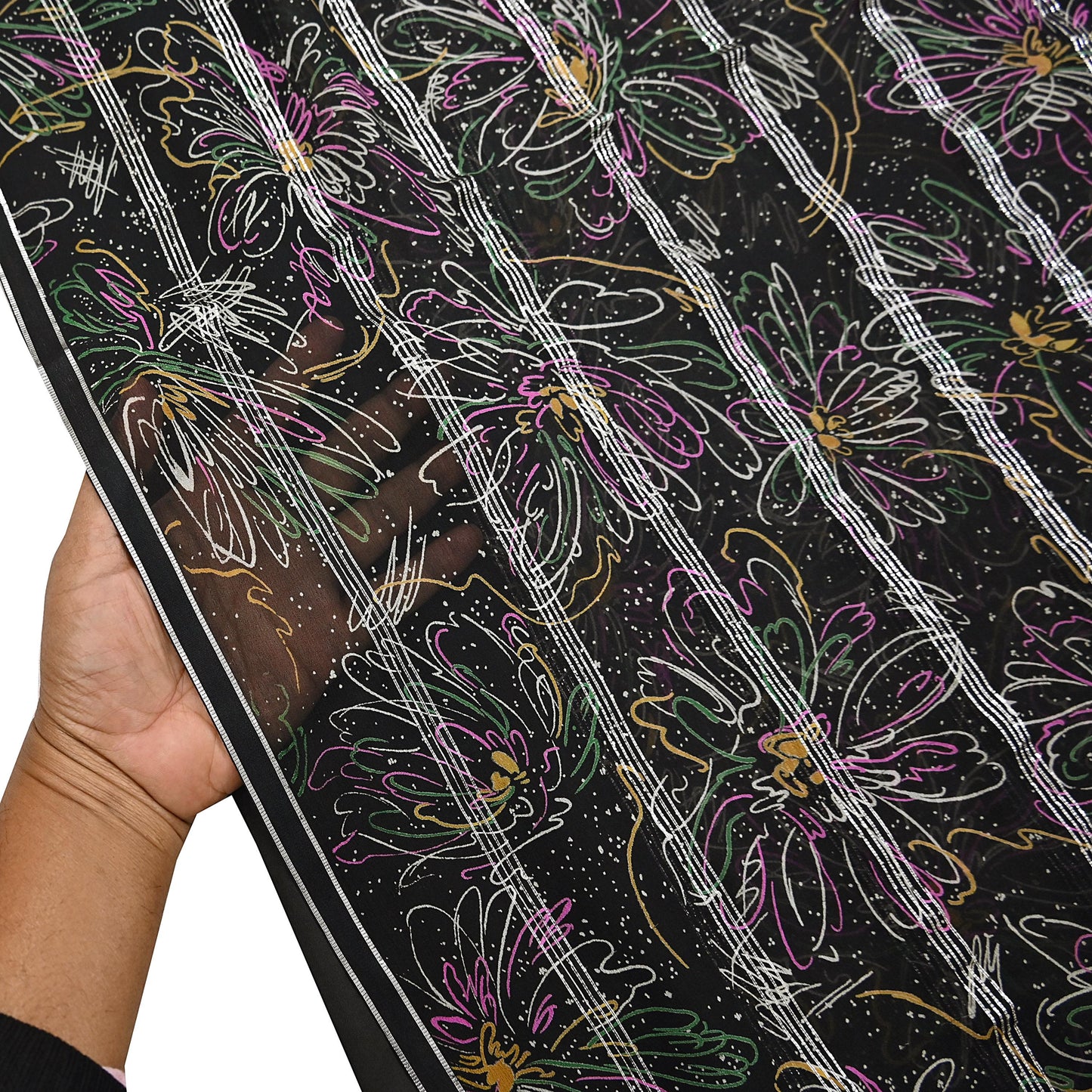 Indian Vintage Black Saree 100% Pure Georgette Silk Printed Sari Sewing 5yd Craft Soft Dress Designing for Crafting Abstrac