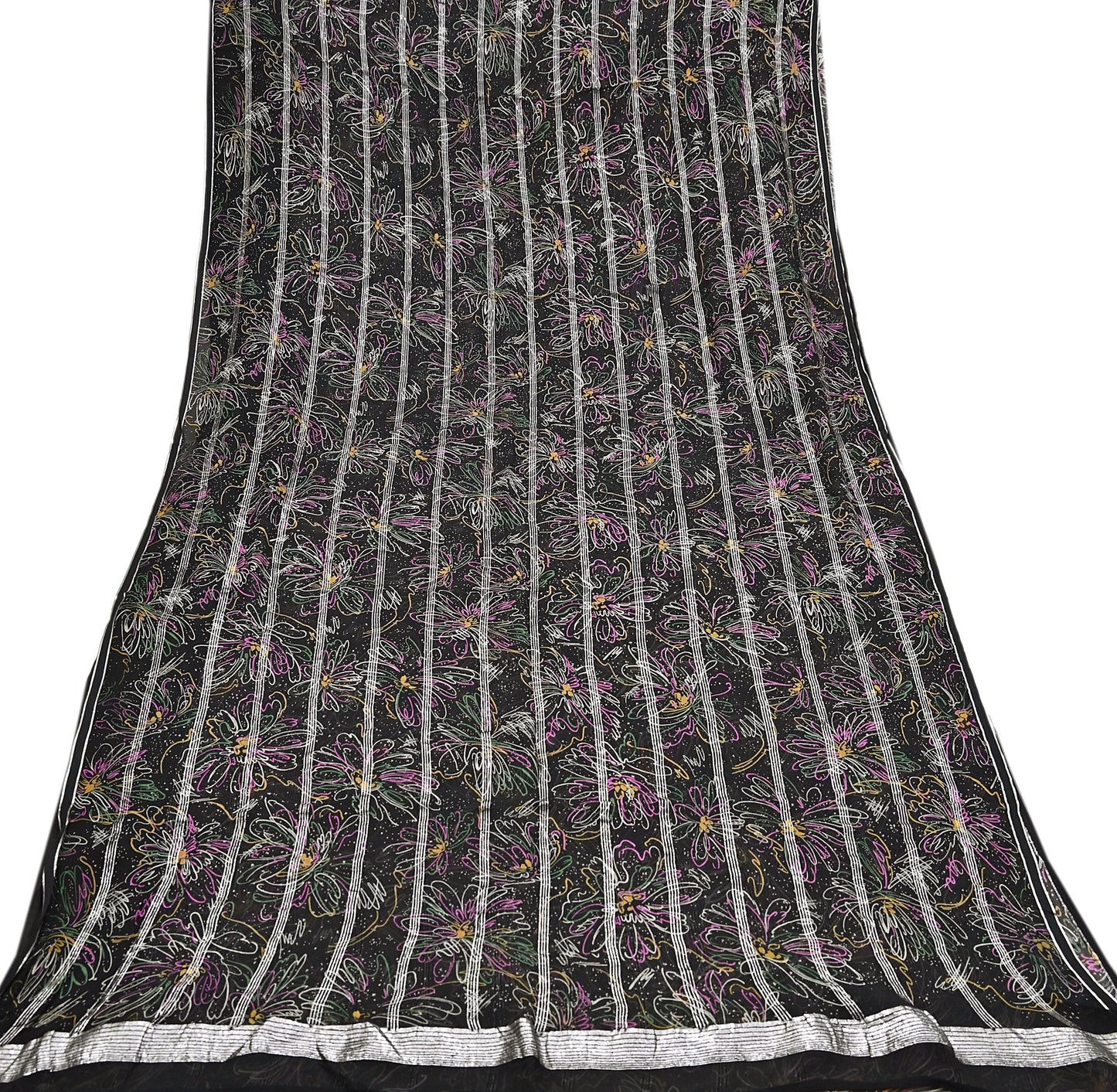 Indian Vintage Black Saree 100% Pure Georgette Silk Printed Sari Sewing 5yd Craft Soft Dress Designing for Crafting Abstrac
