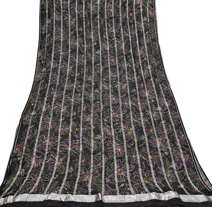 Indian Vintage Black Saree 100% Pure Georgette Silk Printed Sari Sewing 5yd Craft Soft Dress Designing for Crafting Abstrac