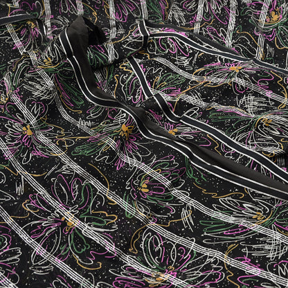 Indian Vintage Black Saree 100% Pure Georgette Silk Printed Sari Sewing 5yd Craft Soft Dress Designing for Crafting Abstrac