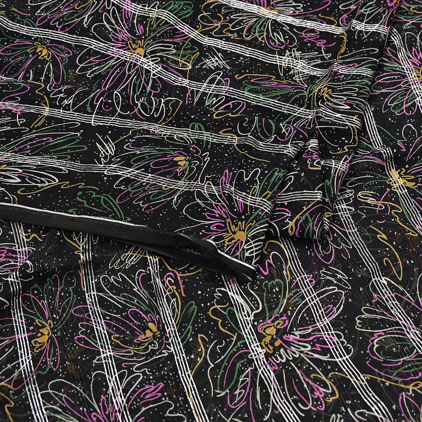 Indian Vintage Black Saree 100% Pure Georgette Silk Printed Sari Sewing 5yd Craft Soft Dress Designing for Crafting Abstrac