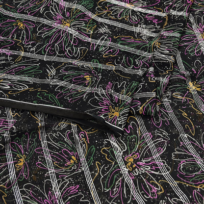 Indian Vintage Black Saree 100% Pure Georgette Silk Printed Sari Sewing 5yd Craft Soft Dress Designing for Crafting Abstrac