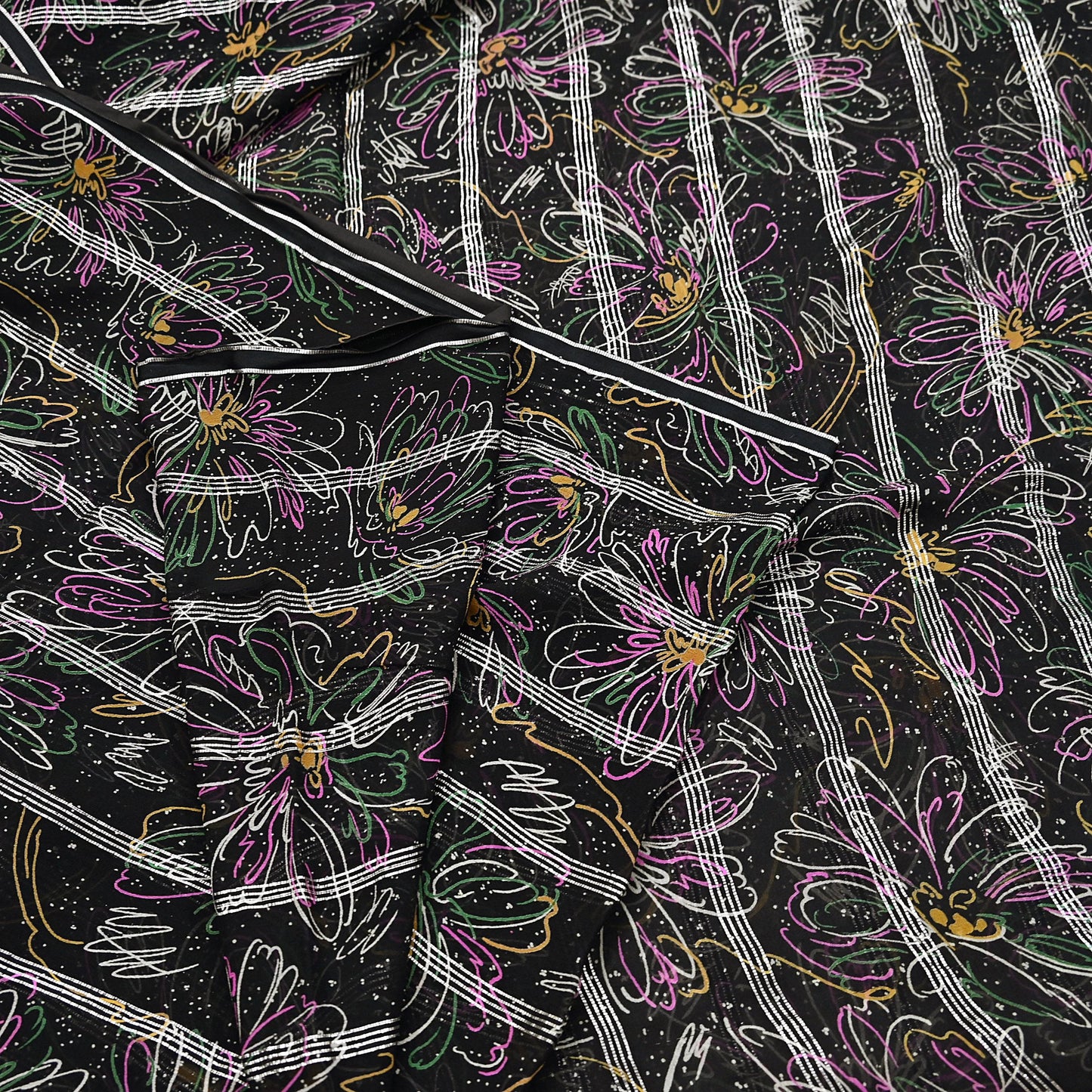 Indian Vintage Black Saree 100% Pure Georgette Silk Printed Sari Sewing 5yd Craft Soft Dress Designing for Crafting Abstrac