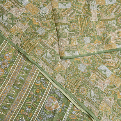 Indian Vintage Sari Green Pure Silk Printed Sarees Craft Fabric 6yd Sewing Dress Making Soft Floral Crafting Quilting Upcycle
