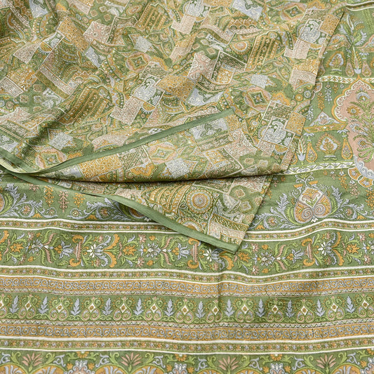 Indian Vintage Sari Green Pure Silk Printed Sarees Craft Fabric 6yd Sewing Dress Making Soft Floral Crafting Quilting Upcycle