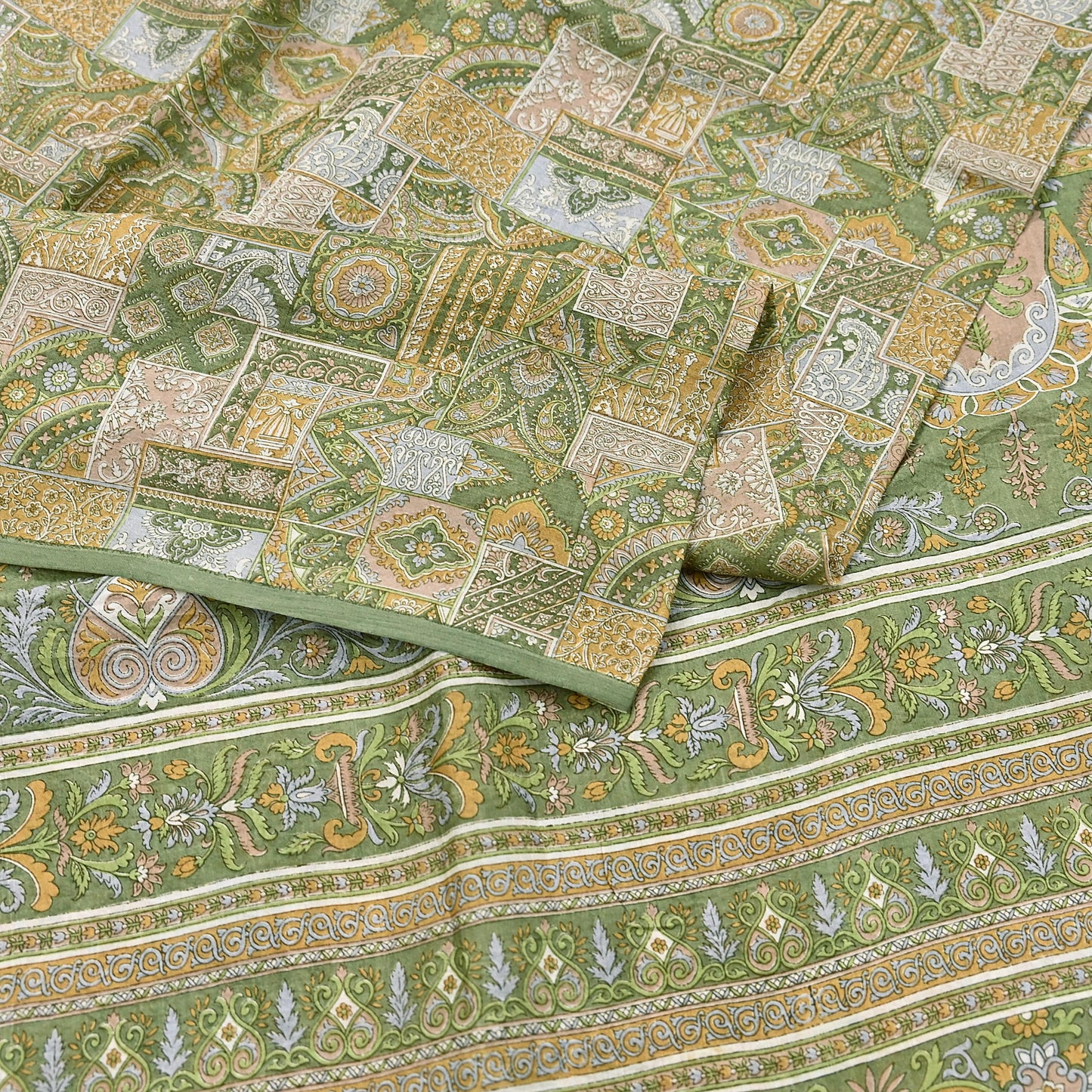 Indian Vintage Sari Green Pure Silk Printed Sarees Craft Fabric 6yd Sewing Dress Making Soft Floral Crafting Quilting Upcycle