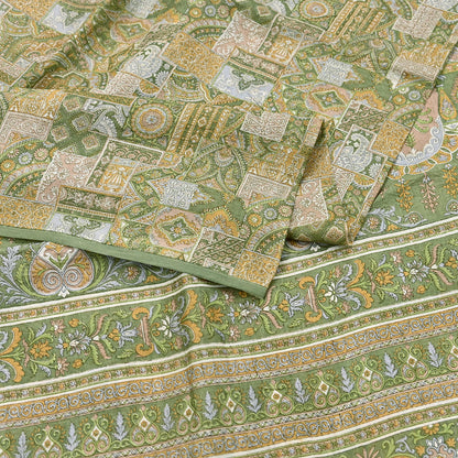 Indian Vintage Sari Green Pure Silk Printed Sarees Craft Fabric 6yd Sewing Dress Making Soft Floral Crafting Quilting Upcycle