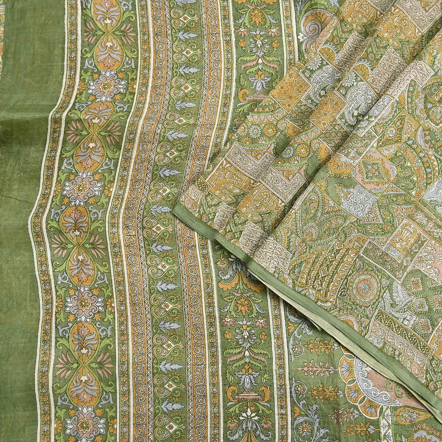 Indian Vintage Sari Green Pure Silk Printed Sarees Craft Fabric 6yd Sewing Dress Making Soft Floral Crafting Quilting Upcycle