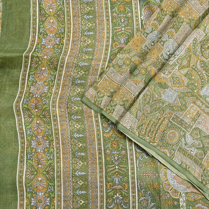 Indian Vintage Sari Green Pure Silk Printed Sarees Craft Fabric 6yd Sewing Dress Making Soft Floral Crafting Quilting Upcycle