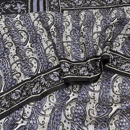 Indian Vintage Black & Gray Saree 100% Pure Silk Printed Sari 5yd Sewing Craft Fabric Dress Making Soft Crafting Quilting Upcycle