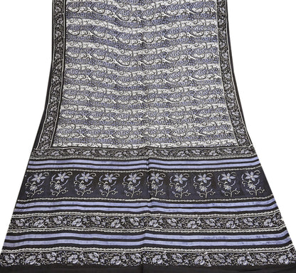 Indian Vintage Black & Gray Saree 100% Pure Silk Printed Sari 5yd Sewing Craft Fabric Dress Making Soft Crafting Quilting Upcycle