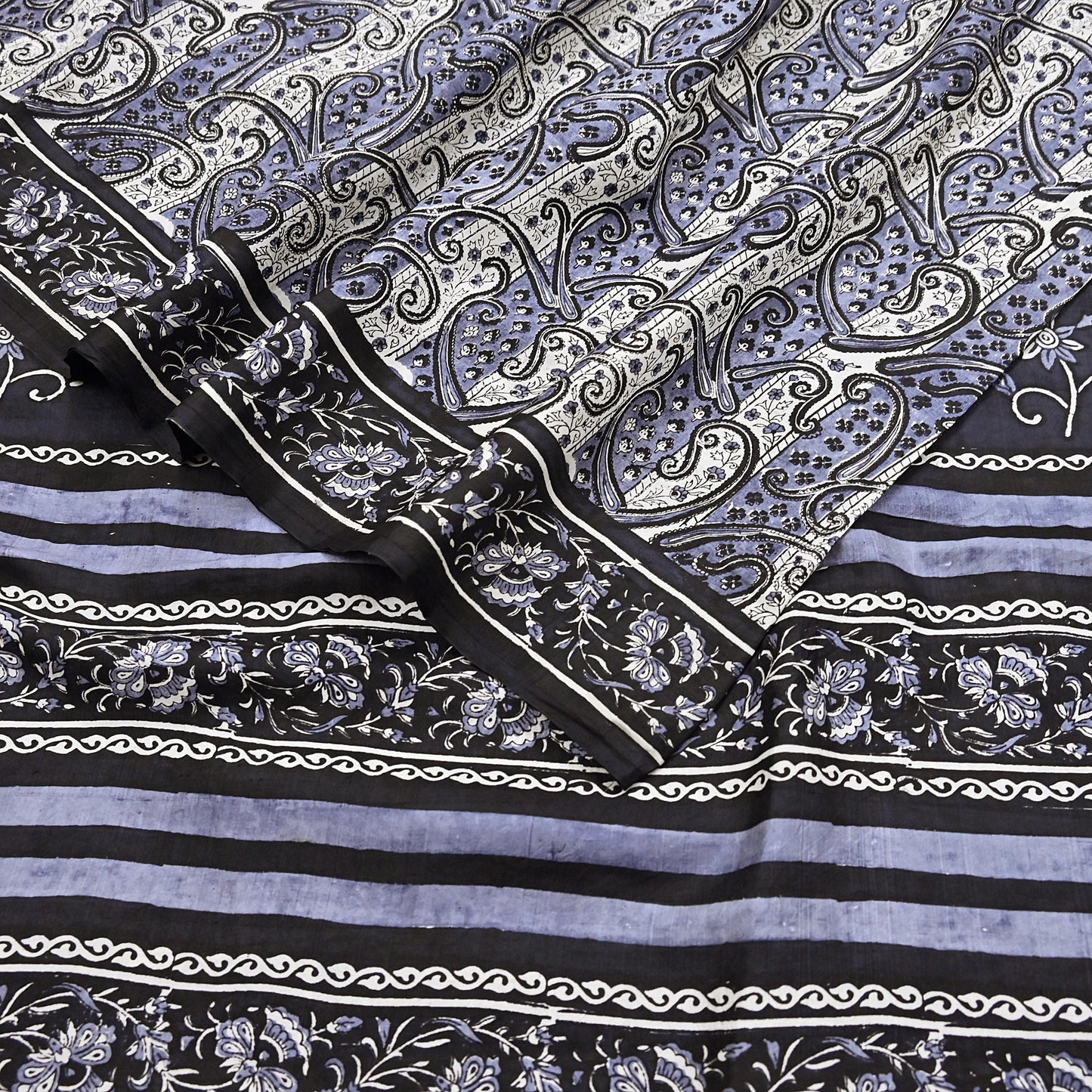 Indian Vintage Black & Gray Saree 100% Pure Silk Printed Sari 5yd Sewing Craft Fabric Dress Making Soft Crafting Quilting Upcycle