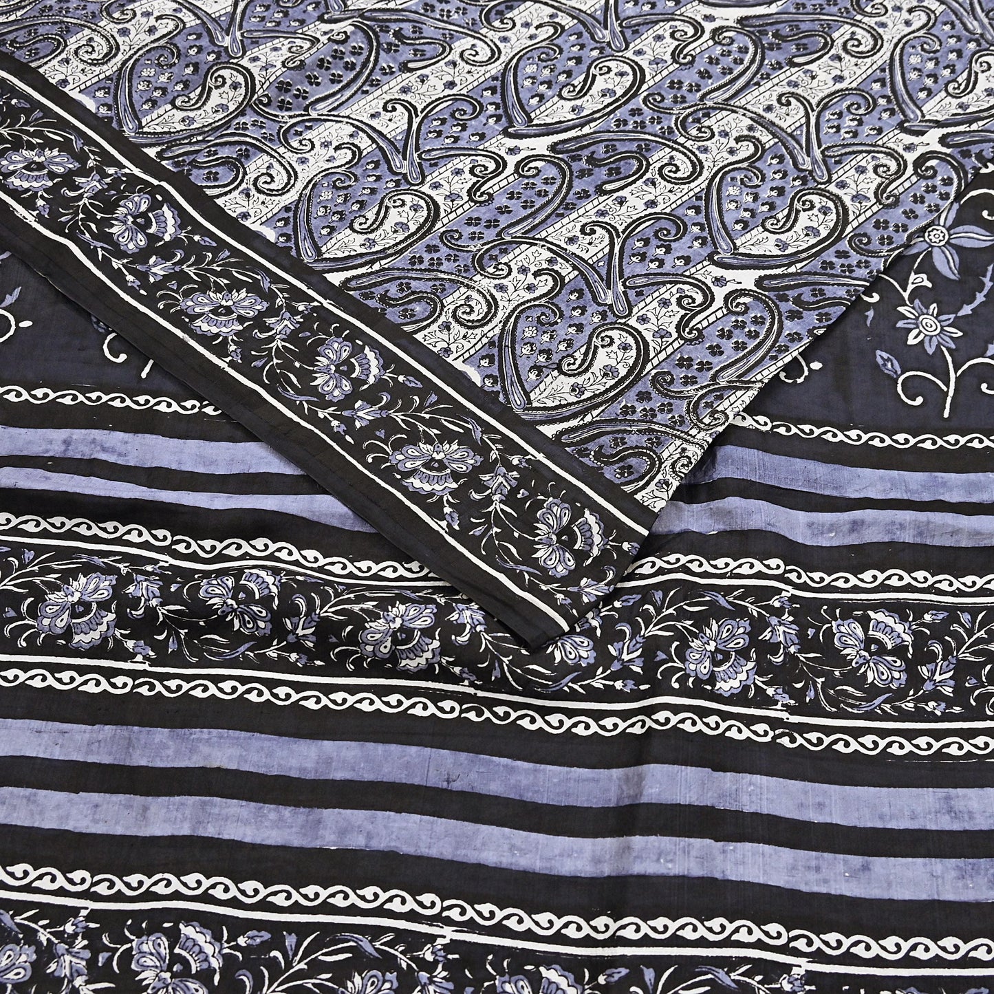 Indian Vintage Black & Gray Saree 100% Pure Silk Printed Sari 5yd Sewing Craft Fabric Dress Making Soft Crafting Quilting Upcycle