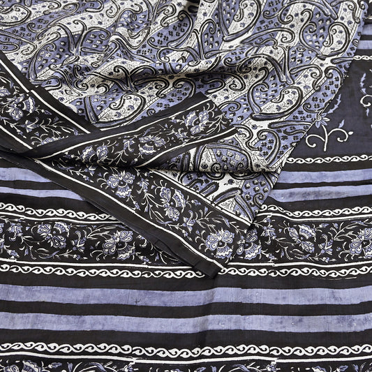 Indian Vintage Black & Gray Saree 100% Pure Silk Printed Sari 5yd Sewing Craft Fabric Dress Making Soft Crafting Quilting Upcycle