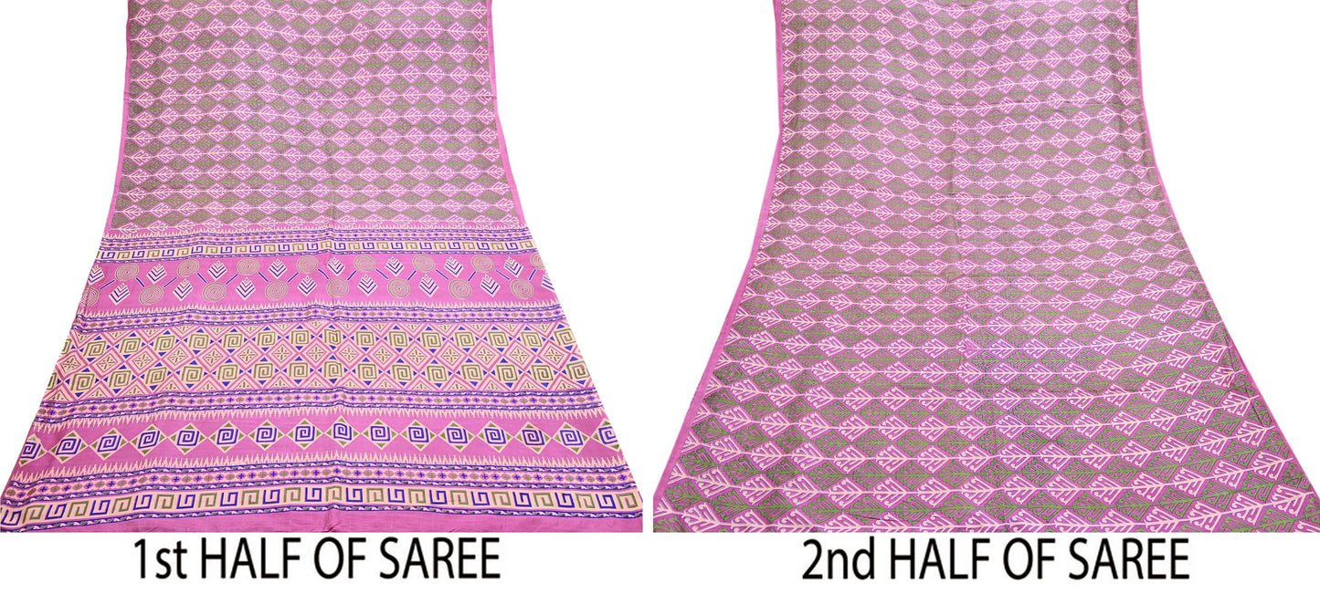 Indian Vintage Sari Pink 100% Pure Silk Printed Saree Craft Fabric 6yd Sewing Dress Making Soft Wrap Quilting Crafting Upcycle