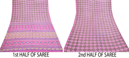 Indian Vintage Sari Pink 100% Pure Silk Printed Saree Craft Fabric 6yd Sewing Dress Making Soft Wrap Quilting Crafting Upcycle