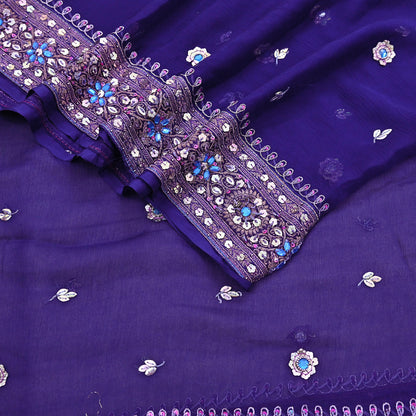 Indian Vintage Blue Dupatta Pure Chiffon silk Long Stole Hand Embroidered Scarves Floral Stole Veil Wrap