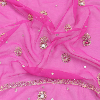 Indian Vintage Pink Dupatta Pure Georgette silk Long Stole Hand Embroidered Scarves Stole Veil Wrap Sequins Dabka/ Zardozi