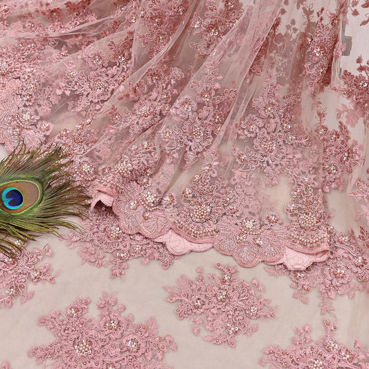 Indian Pre-owned Sari Pink Net/Mesh Hand Embroidered Anamika Khanna Designer Sarees Ethnic 6Yd Sewing  Zardozi/Dabka Zari Wedding Sarees