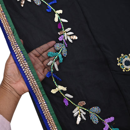 Indian VIntage Black Net Lehenga Saree Designer Manish Malhotra Style Zardozi mukesh Zari Wedding Sari, Ethnic Bridal Wear 6yard