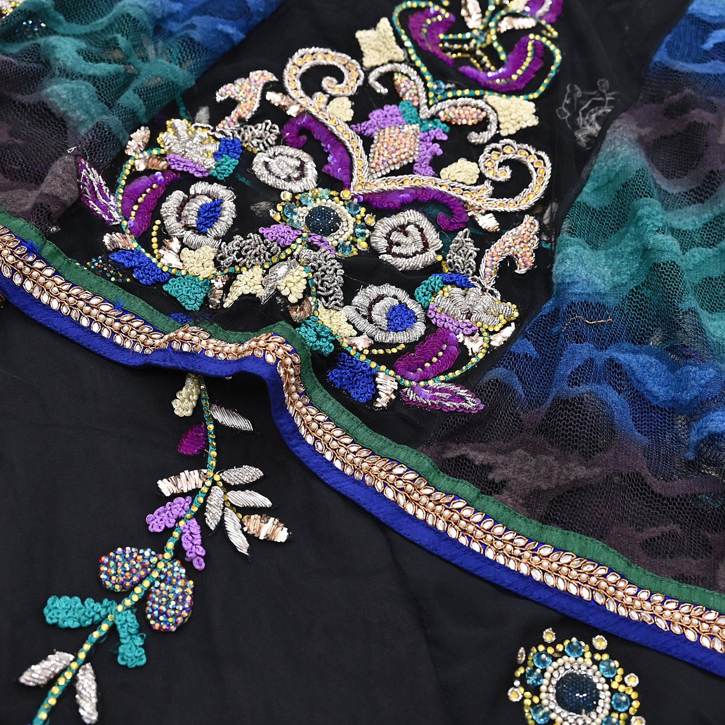Indian VIntage Black Net Lehenga Saree Designer Manish Malhotra Style Zardozi mukesh Zari Wedding Sari, Ethnic Bridal Wear 6yard