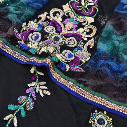 Indian VIntage Black Net Lehenga Saree Designer Manish Malhotra Style Zardozi mukesh Zari Wedding Sari, Ethnic Bridal Wear 6yard