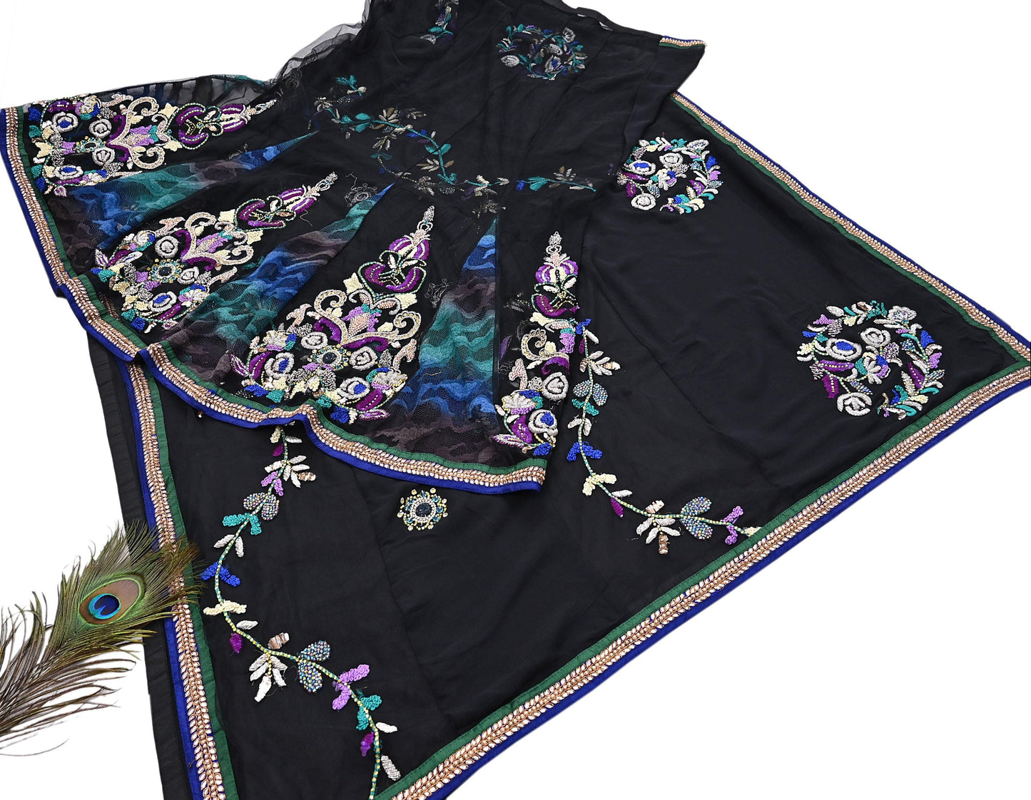 Indian VIntage Black Net Lehenga Saree Designer Manish Malhotra Style Zardozi mukesh Zari Wedding Sari, Ethnic Bridal Wear 6yard