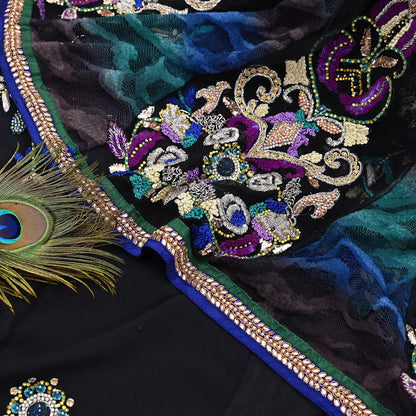 Indian VIntage Black Net Lehenga Saree Designer Manish Malhotra Style Zardozi mukesh Zari Wedding Sari, Ethnic Bridal Wear 6yard