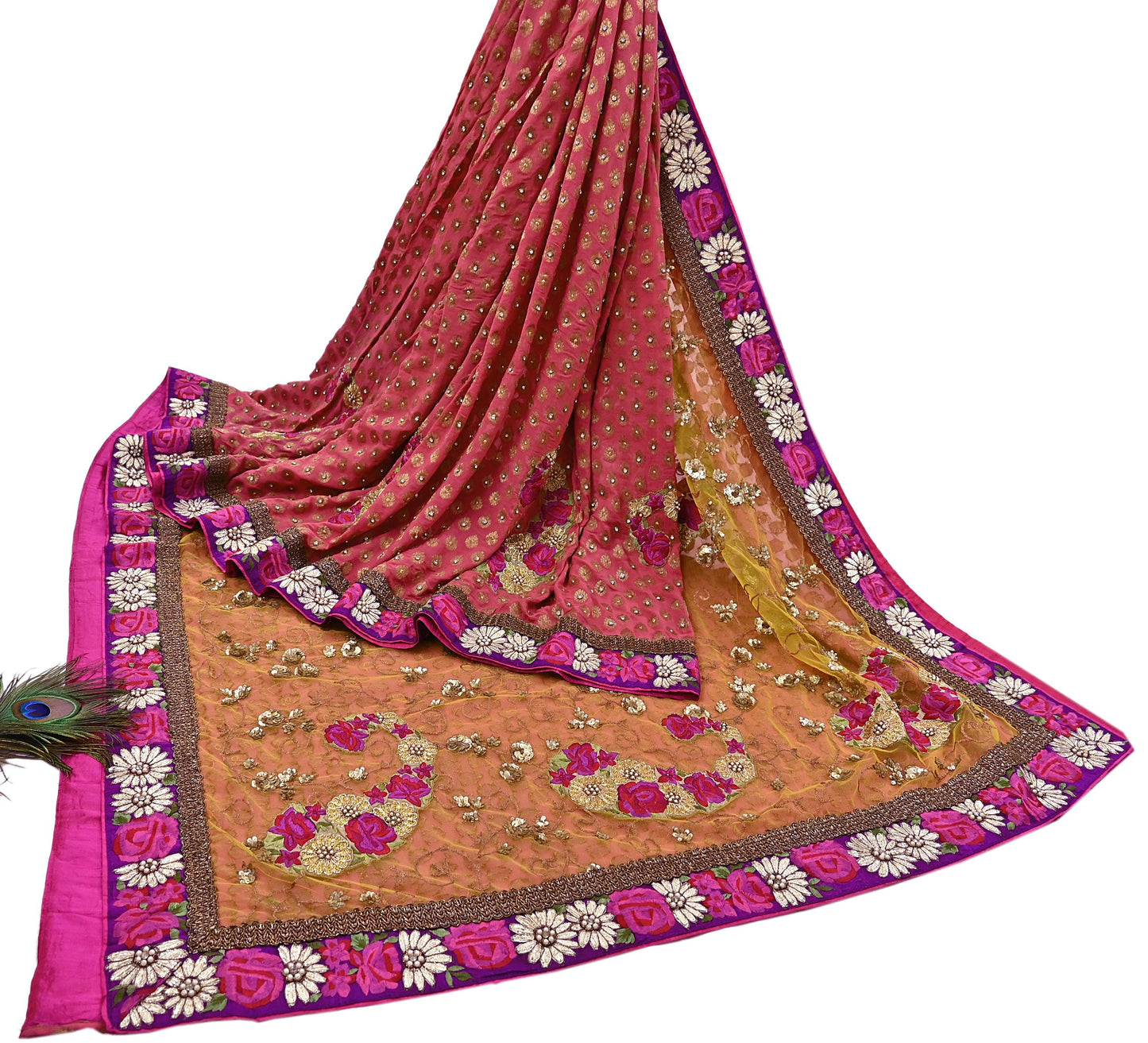 Pre-Owned Sari Yellow Peach Net & Pure Georgette silk Hand Embroidered Designer Manish Malhotra Sarees Ethnic Zardozi Zari Wedding Saree