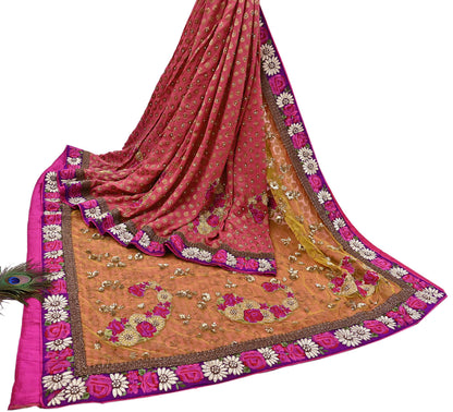 Pre-Owned Sari Yellow Peach Net & Pure Georgette silk Hand Embroidered Designer Manish Malhotra Sarees Ethnic Zardozi Zari Wedding Saree