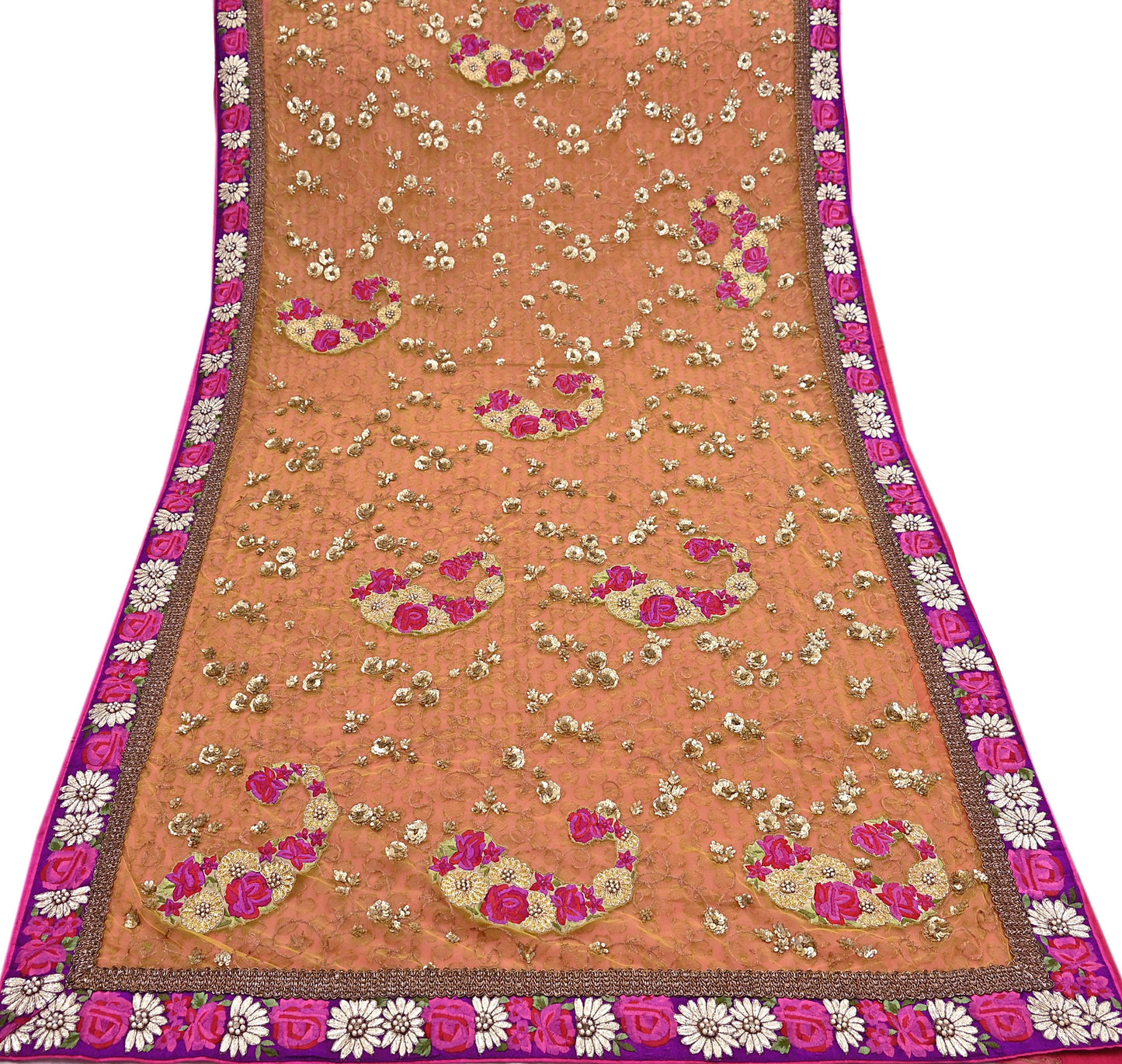 Pre-Owned Sari Yellow Peach Net & Pure Georgette silk Hand Embroidered Designer Manish Malhotra Sarees Ethnic Zardozi Zari Wedding Saree