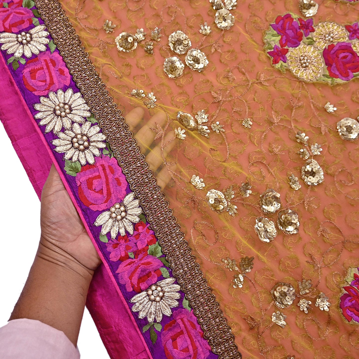 Pre-Owned Sari Yellow Peach Net & Pure Georgette silk Hand Embroidered Designer Manish Malhotra Sarees Ethnic Zardozi Zari Wedding Saree