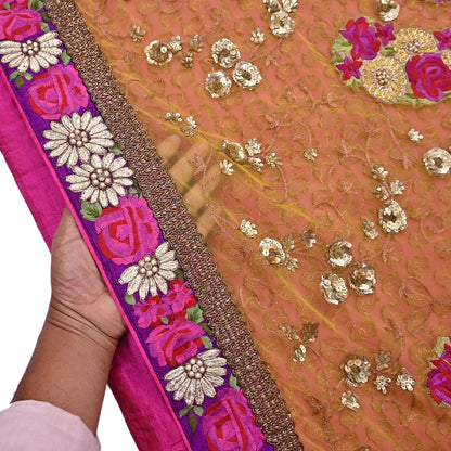 Pre-Owned Sari Yellow Peach Net & Pure Georgette silk Hand Embroidered Designer Manish Malhotra Sarees Ethnic Zardozi Zari Wedding Saree