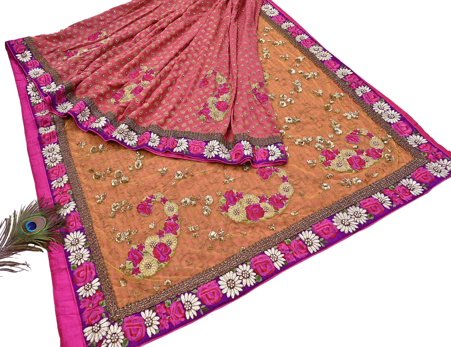Pre-Owned Sari Yellow Peach Net & Pure Georgette silk Hand Embroidered Designer Manish Malhotra Sarees Ethnic Zardozi Zari Wedding Saree