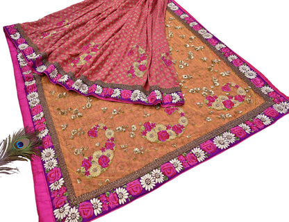 Pre-Owned Sari Yellow Peach Net & Pure Georgette silk Hand Embroidered Designer Manish Malhotra Sarees Ethnic Zardozi Zari Wedding Saree