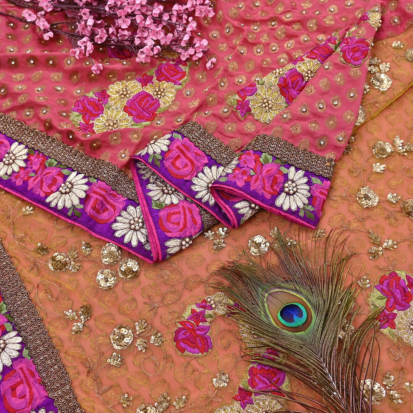 Pre-Owned Sari Yellow Peach Net & Pure Georgette silk Hand Embroidered Designer Manish Malhotra Sarees Ethnic Zardozi Zari Wedding Saree