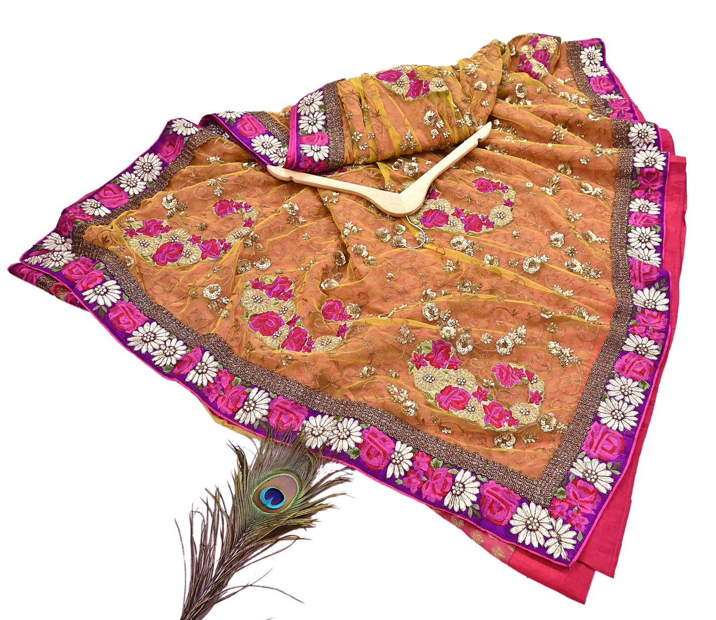 Pre-Owned Sari Yellow Peach Net & Pure Georgette silk Hand Embroidered Designer Manish Malhotra Sarees Ethnic Zardozi Zari Wedding Saree