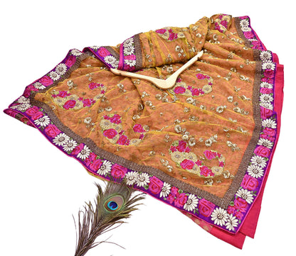 Pre-Owned Sari Yellow Peach Net & Pure Georgette silk Hand Embroidered Designer Manish Malhotra Sarees Ethnic Zardozi Zari Wedding Saree