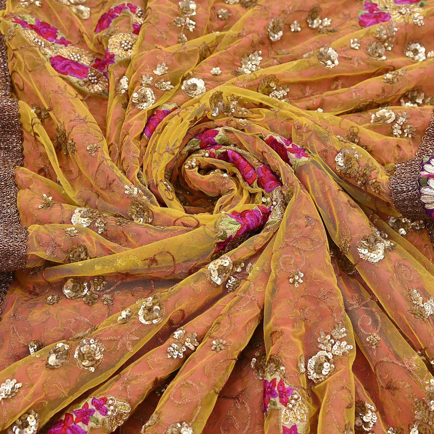 Pre-Owned Sari Yellow Peach Net & Pure Georgette silk Hand Embroidered Designer Manish Malhotra Sarees Ethnic Zardozi Zari Wedding Saree