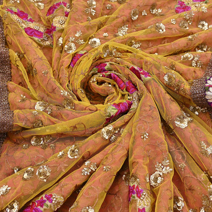 Pre-Owned Sari Yellow Peach Net & Pure Georgette silk Hand Embroidered Designer Manish Malhotra Sarees Ethnic Zardozi Zari Wedding Saree