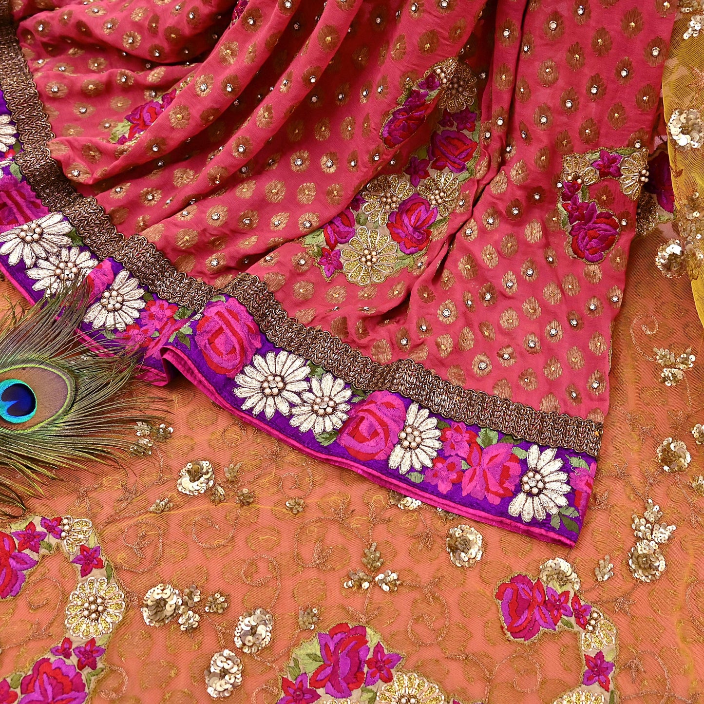 Pre-Owned Sari Yellow Peach Net & Pure Georgette silk Hand Embroidered Designer Manish Malhotra Sarees Ethnic Zardozi Zari Wedding Saree