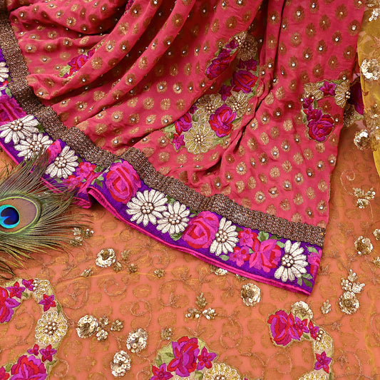 Pre-Owned Sari Yellow Peach Net & Pure Georgette silk Hand Embroidered Designer Manish Malhotra Sarees Ethnic Zardozi Zari Wedding Saree