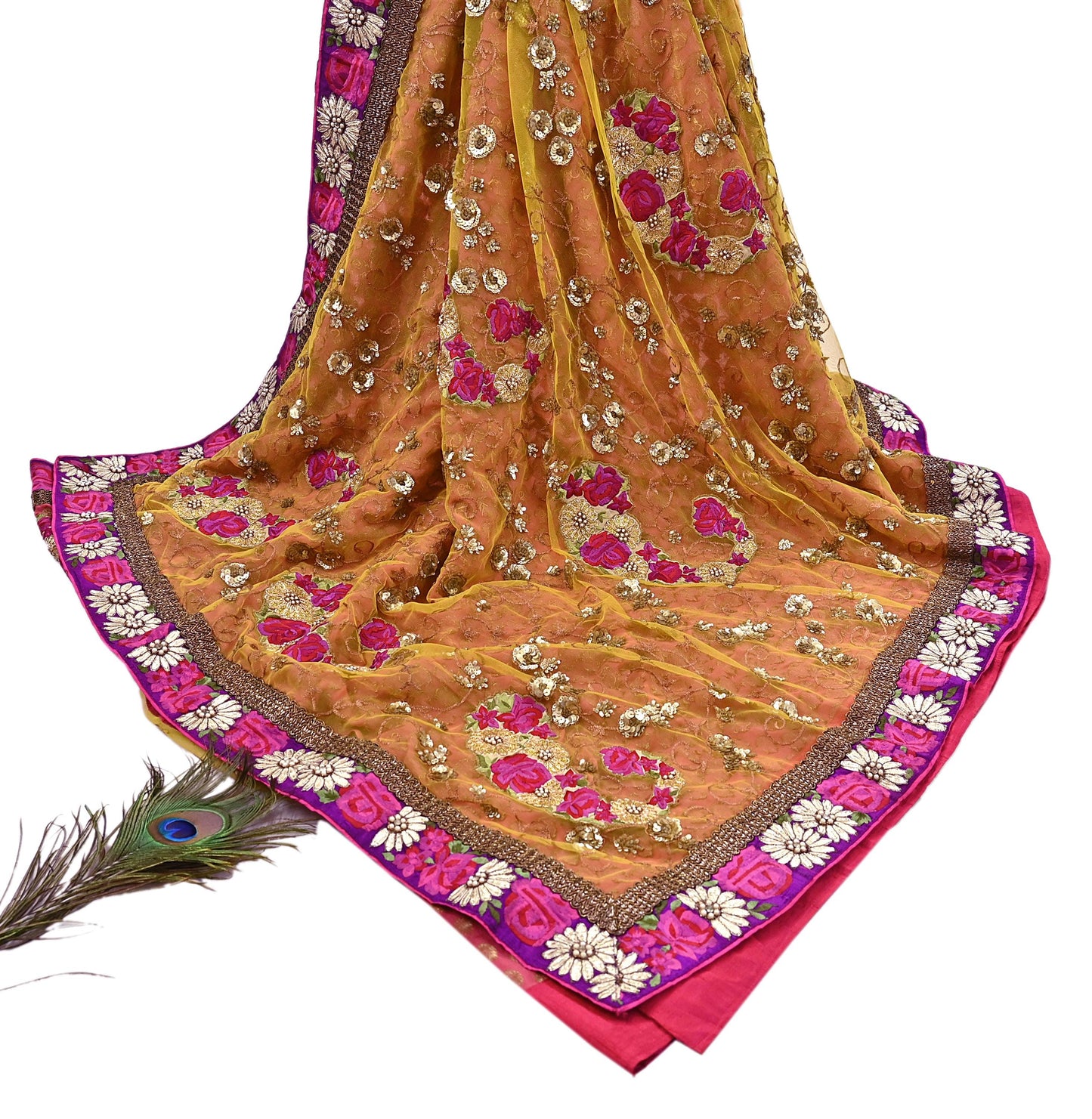 Pre-Owned Sari Yellow Peach Net & Pure Georgette silk Hand Embroidered Designer Manish Malhotra Sarees Ethnic Zardozi Zari Wedding Saree
